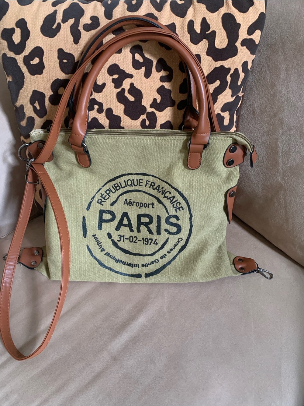 Canvas Paris Stamp Crossbody Satchel in Olive Green with Brown Trim